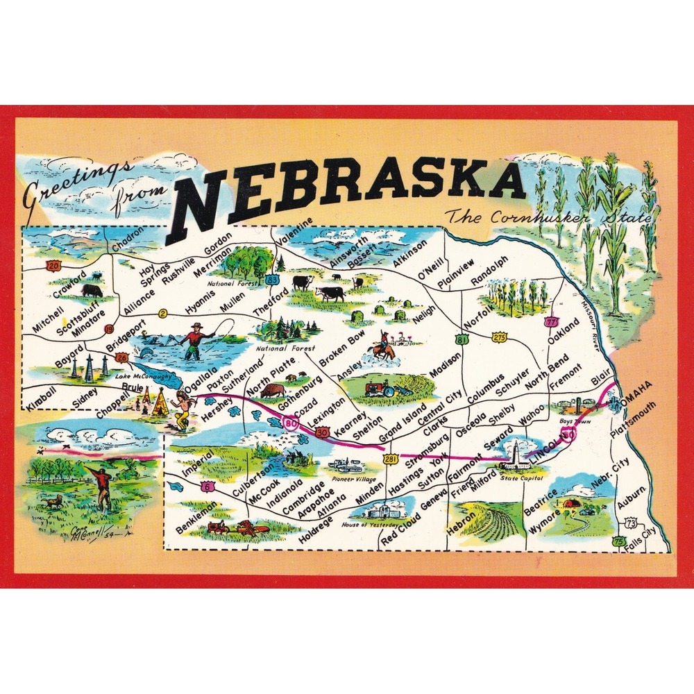 Greetings From Nebraska Map Postcard Cornhusker State Retro Americana Kitsch